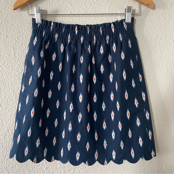 J.Crew Printed Scalloped Sidewalk Skirt Women’s 00 Blue Linen Cotton Elastic - Picture 1 of 12